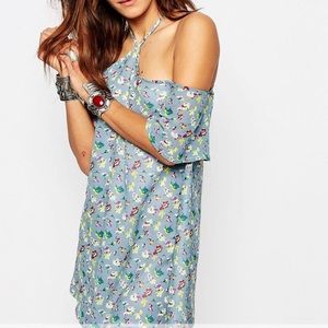 Milk It Vintage Dress With Cold Shoulder And Strappy High Neck in Large Floral